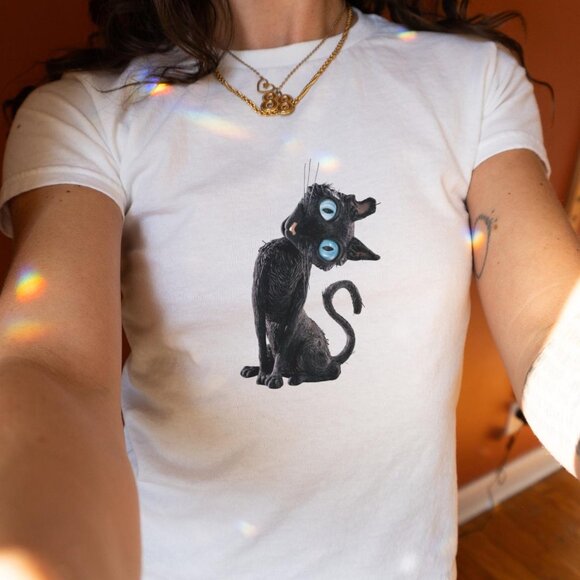 Baby Tee Tops - Black Cat Baby Tee Y2K Retro Cute Fitted T-Shirt